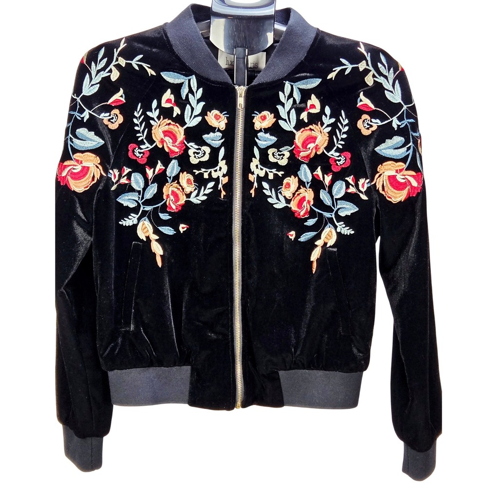 Women's Lucy Paris Size Medium Velvet Floral Embroidered Bomber Jacket Boho